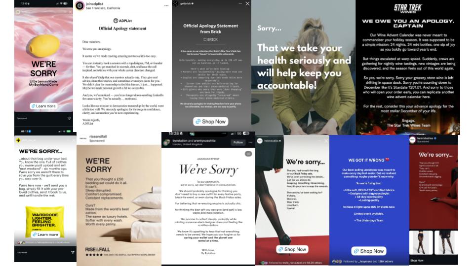 A collection of false apologies from various brands including ADP list, By rotation and a bedding company, screenshotted from social media.