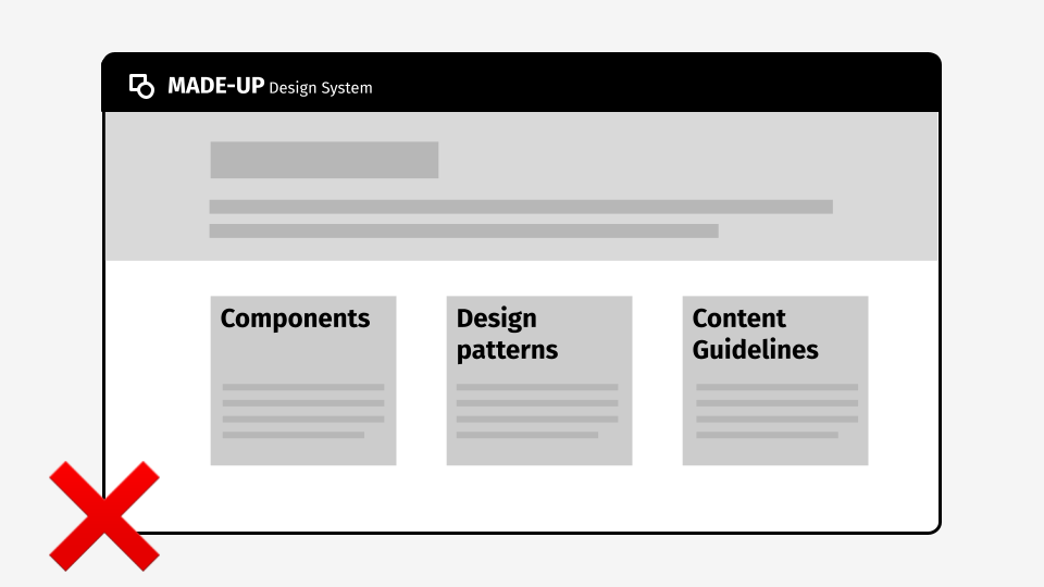 the same made up design system homepage shown above, this time depicting separate components, patterns and content guidleines sections. There is a red cross to indicate that this is the wrong approach.