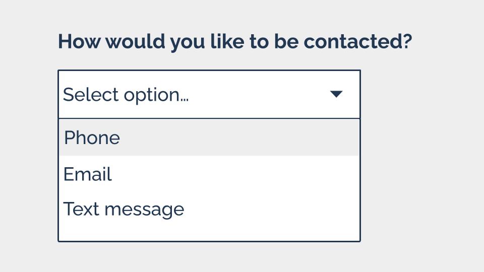 A dropdown field asking 'How would you like to be contacted?, providing phone, email and text message options.