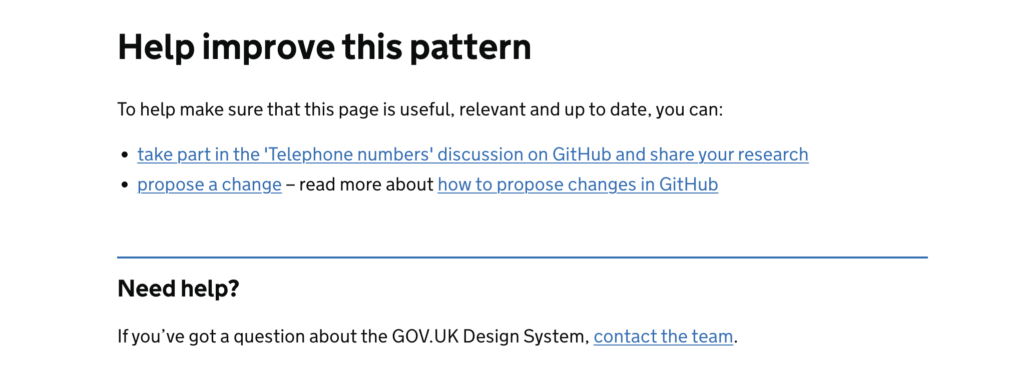 the research section of the Ask users for Telephone numbers design pattern documentation on the GOV.UK Design System. It explains that more research is needed on the best way to handle international numbers, extensions, SMS shortcodes. It invites users to help improve the pattern by taking part in the 'Telephone numbers' discussion on GitHub and sharing their research, or by proposing a change in GitHub.