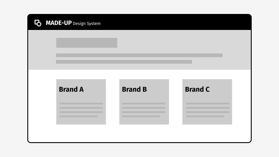 a design system documentation website homepage with 3 panels in the centre labelled Brand A, Brand B and Brand C.