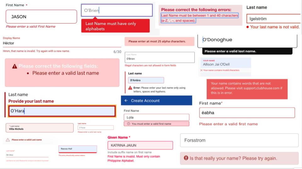 A collection of screenshots showing error messages on name fields.