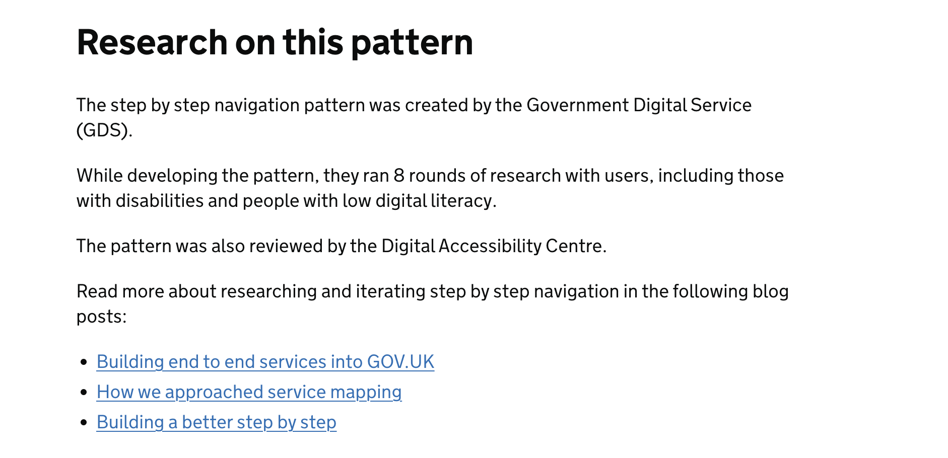 the start of the extensive research section on the ‘step by step navigation’ pattern used on the GOV.UK Design System